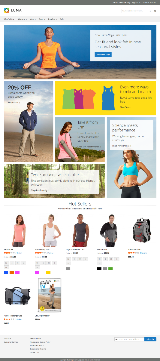 Luma theme front page with sample data Magento 2