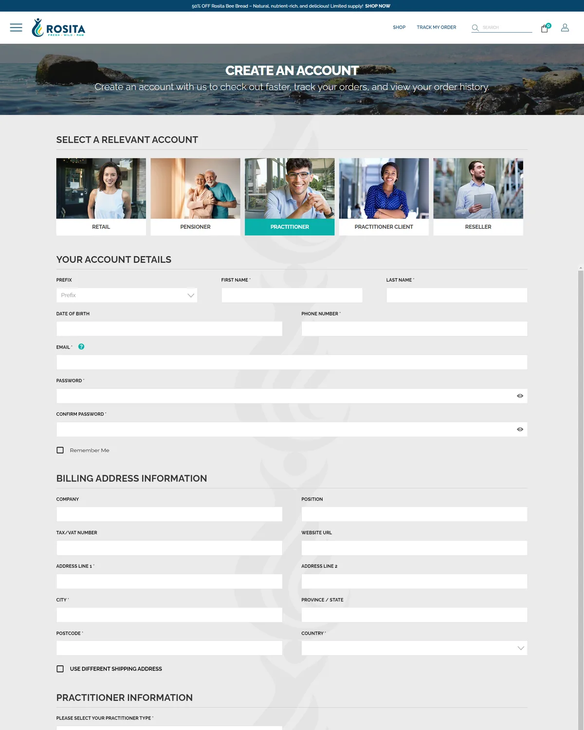 Customcreateaccountpage hero screenshot — RositaRealFoods com au