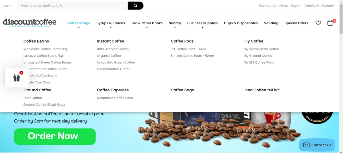 Megamenu hero screenshot — discountcoffee ie