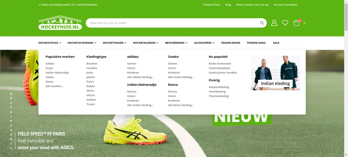 Megamenu hero screenshot — hockeyhuis nl