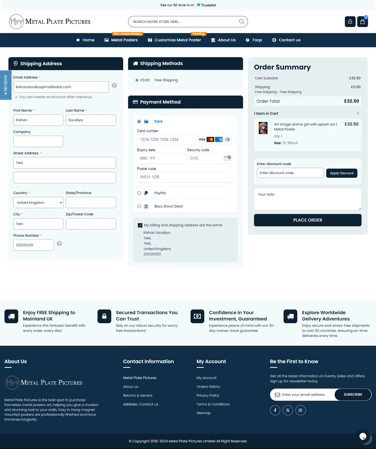Onepagecheckout hero screenshot — metalplatepictures com