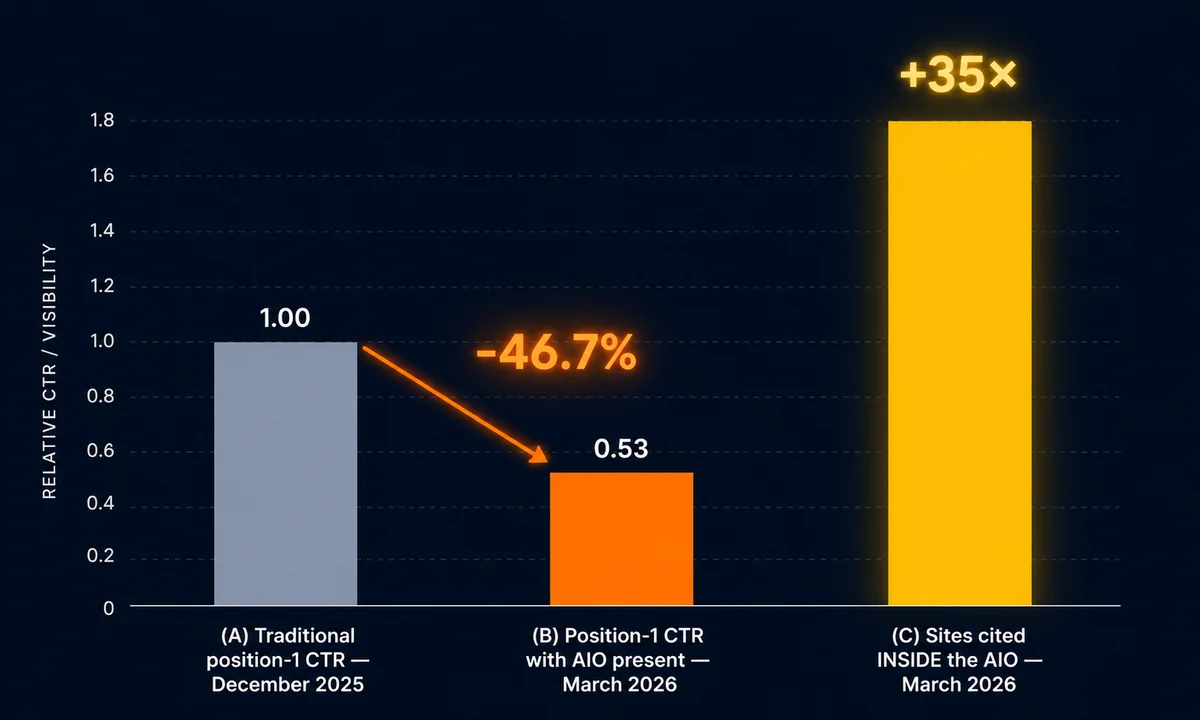 Position-1 CTR drops 46.7% with AI Overview present; sites cited inside the AIO see 35x CTR — comparison chart
