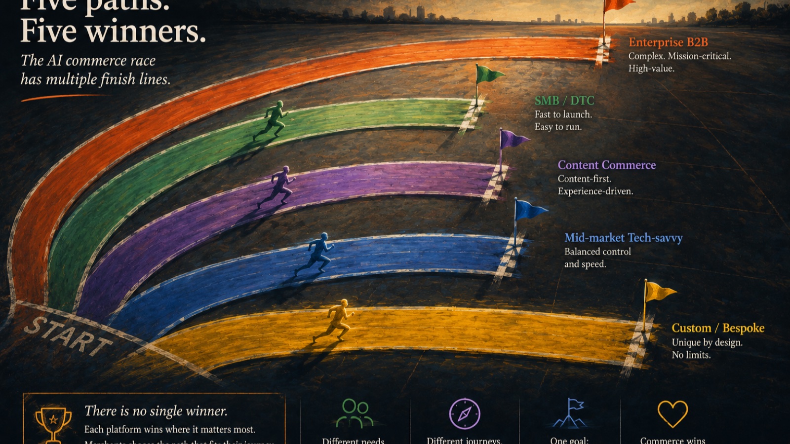 Five paths, five winners: the AI commerce race has multiple finish lines for SMB DTC, content commerce, mid-market, enterprise B2B and custom bespoke