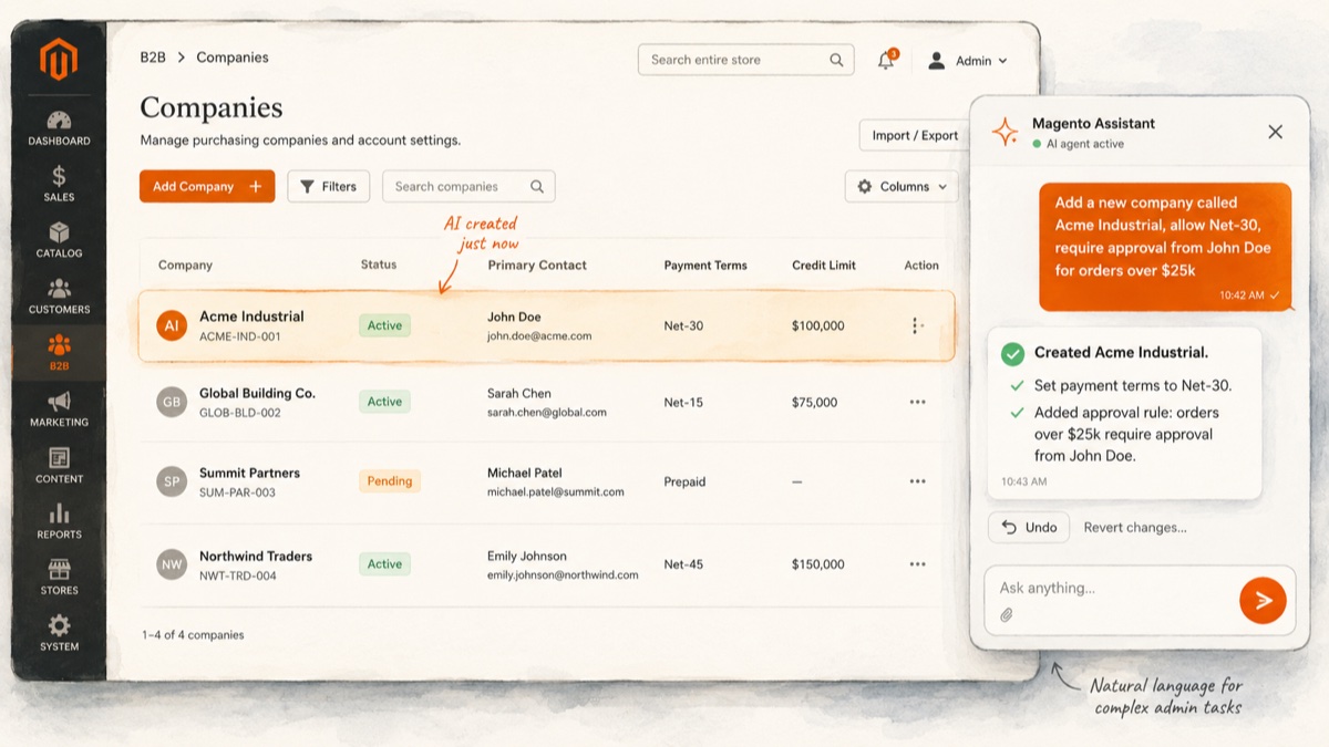 Natural-language Magento B2B admin: adding a new company called Acme Industrial via AI chat panel