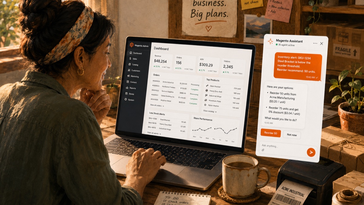 Small business owner running a Magento store with an AI assistant: inventory restock decision via chat