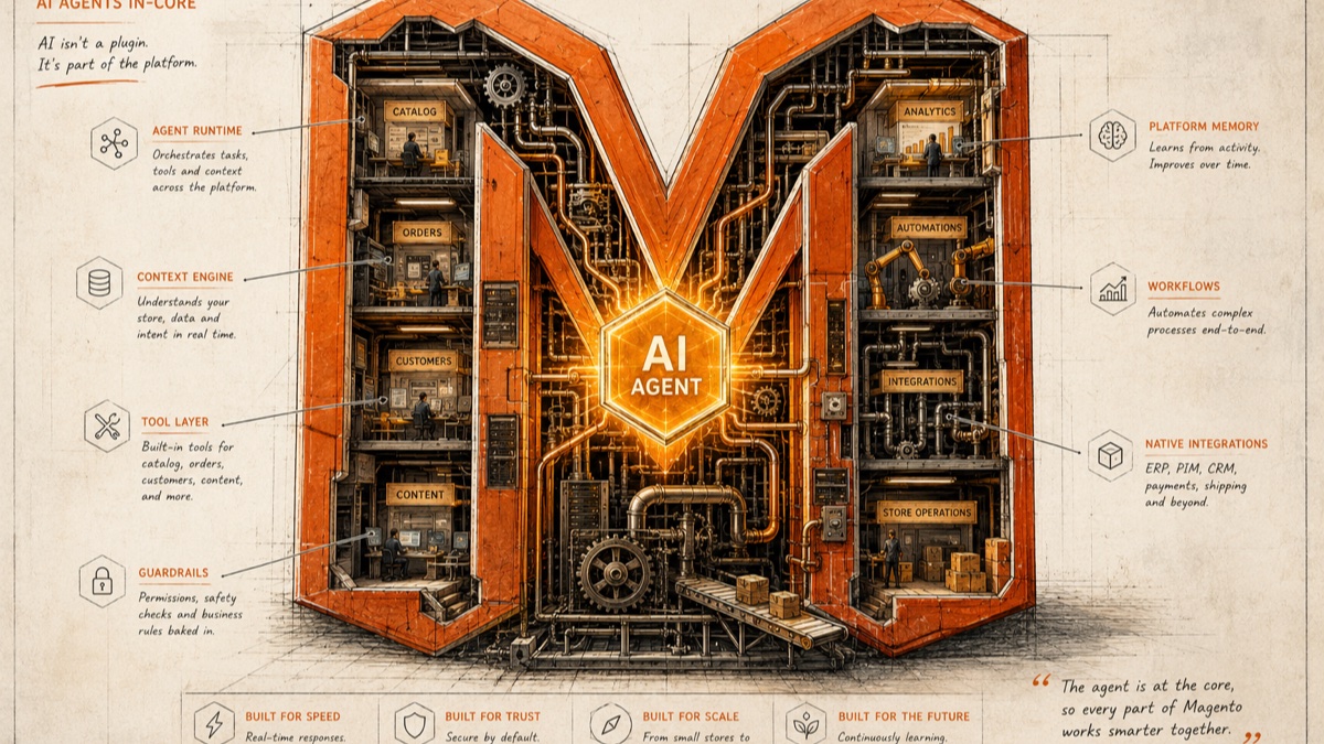 Cutaway view of the Magento M with an AI agent at the core, surrounded by agent runtime, context engine, tool layer, integrations and guardrails